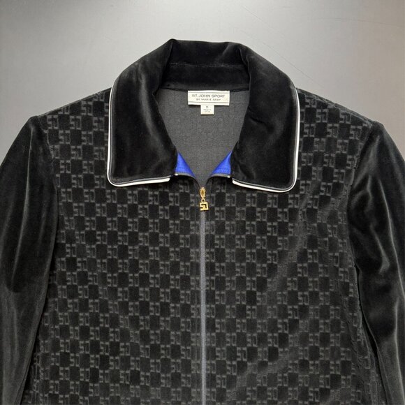 Y2K St. John Sport‎ Marie Gray Black Impressed Logo Velour Jacket Rich Mobwife - Picture 4 of 12